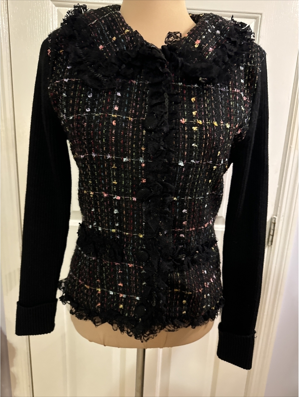 Berek black Lace trimmed Button front cardigan sweater women Medium Multi Color